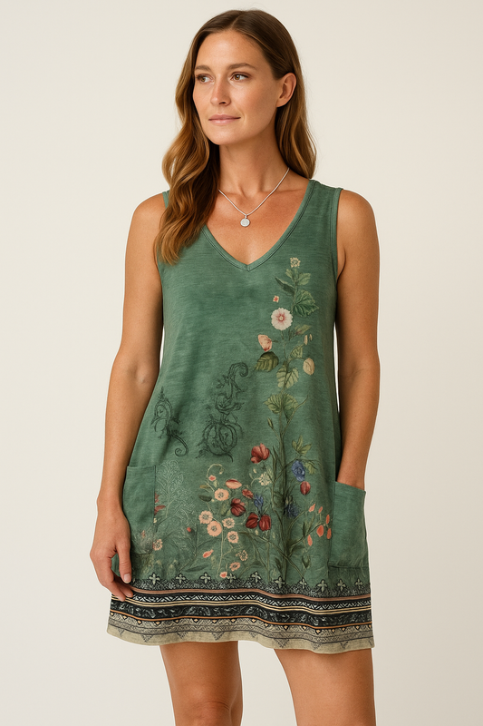 Ivy – Groene Mini Mouwloze Zomerjurk Met Diepe V-hals Bloemenprint