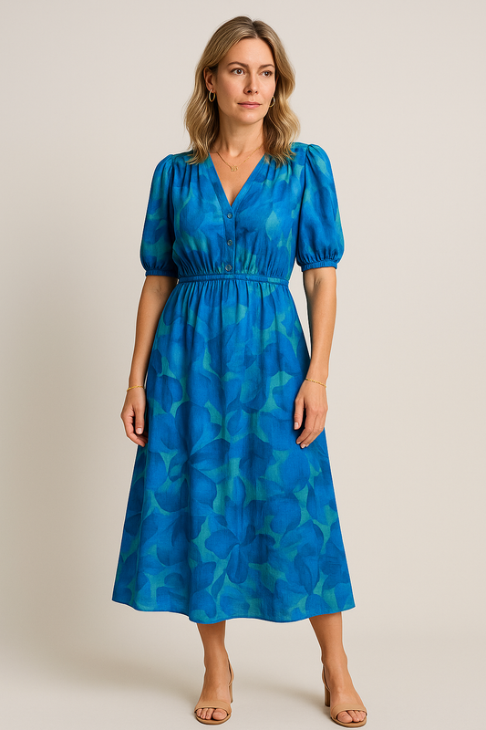 Aksel – Luchtige V-hals Zomerjurk Met Bloemenprint En Pofmouwen
