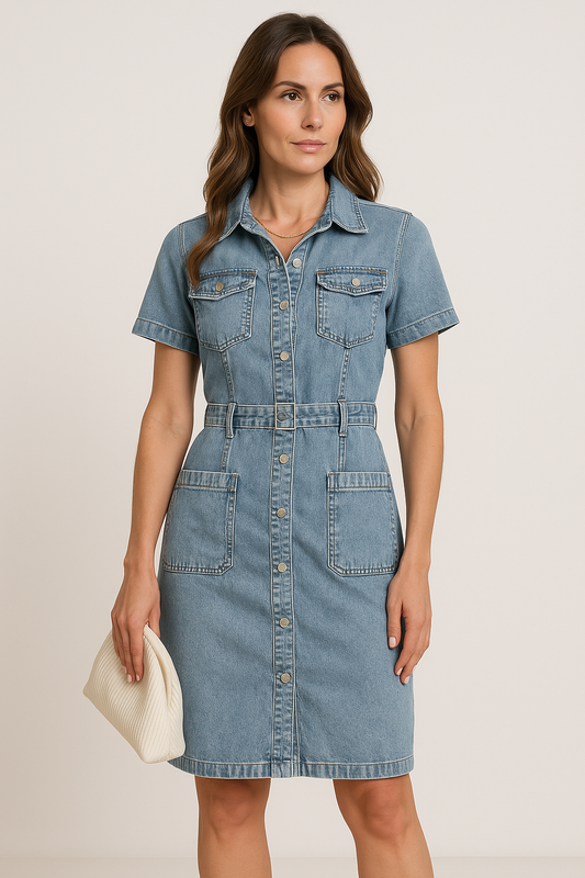 Eva – Blauwe Denim Jurk Met Knoopsluiting En Korte Mouwen
