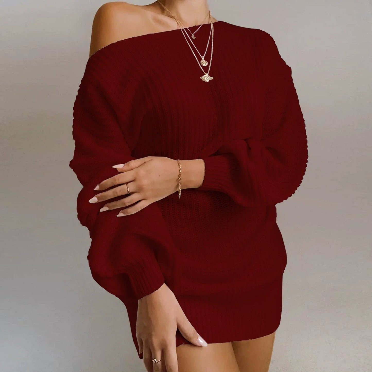 Chiara – Gebreide Mini Jurk Met Off-Shoulder En Lantern Mouwen