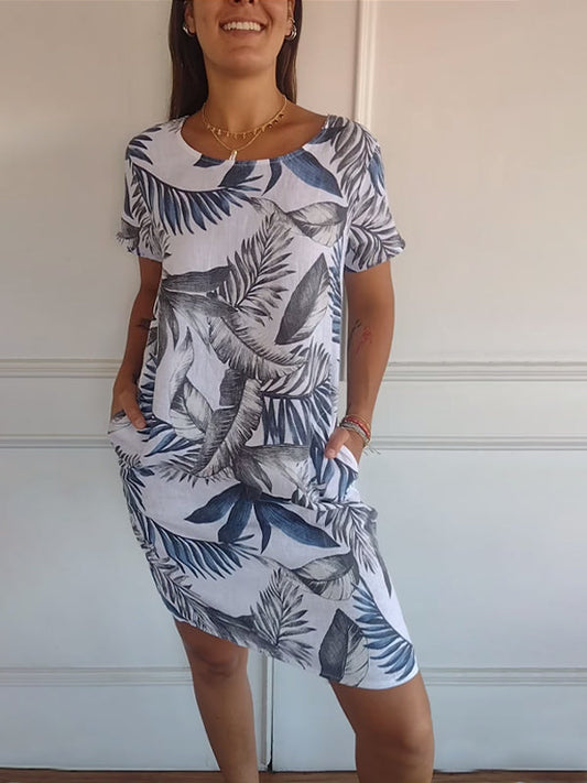 Joslyn  – Luchtige Bloemenprint Midi Zomerjurk met Ronde Hals