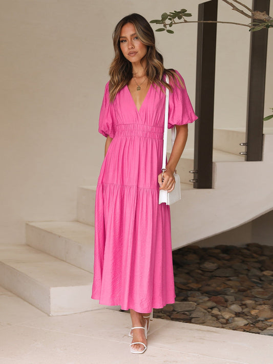Mila - Getailleerde Midi Viscose Zomer Jurk met Pofmouwen en V-hals