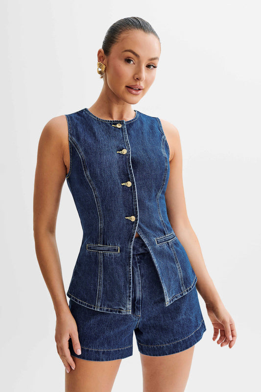 Demi - Mouwloze Denim Gilet Set Met Ronde Hals En Shorts