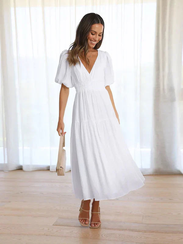 Cleopatra – V-hals maxi jurk met elastische taille