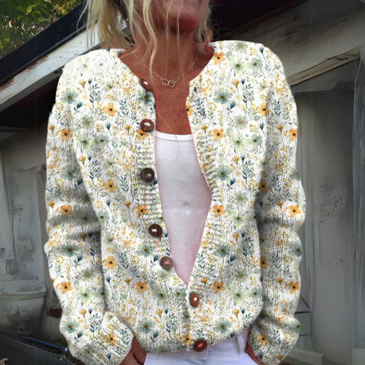 Flora – gebreide cardigan vest met bloemenpatroon en knopen