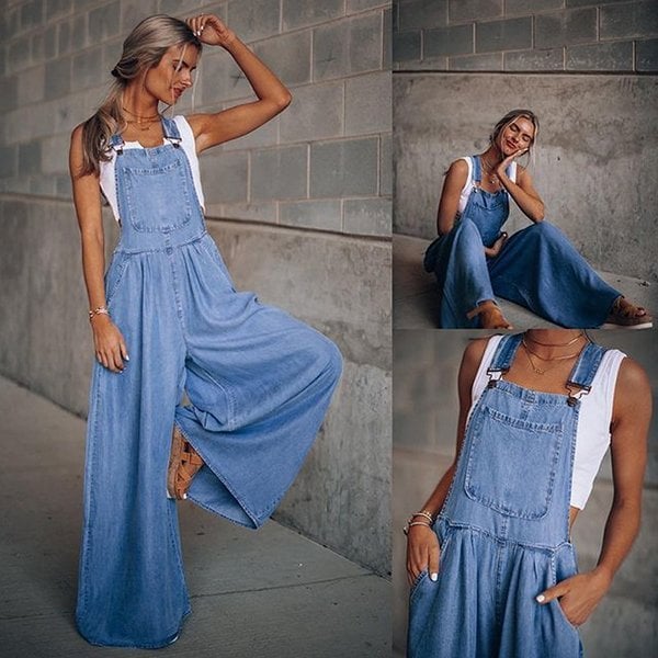 Romy – Denim Zomer Tuinjumpsuit Met Wijde Pijpen