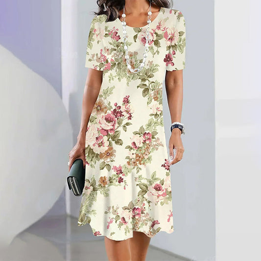 Elin – boho jurk met blauwe bloemen en V-hals