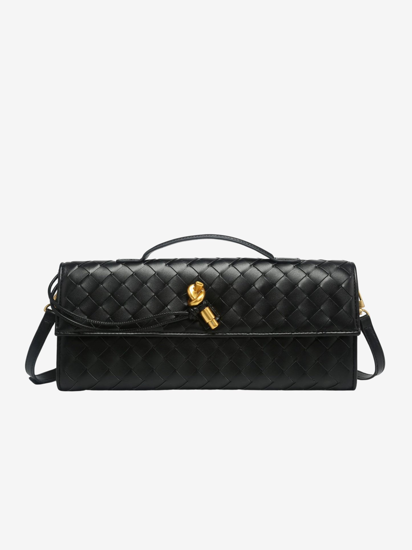 Clémence – Geweven Leren Crossbody Clutch Tas Met Gouden Knoop En Handvat
