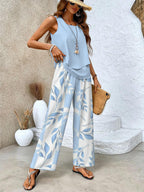 Dames set met ronde hals top en wijde broek met print