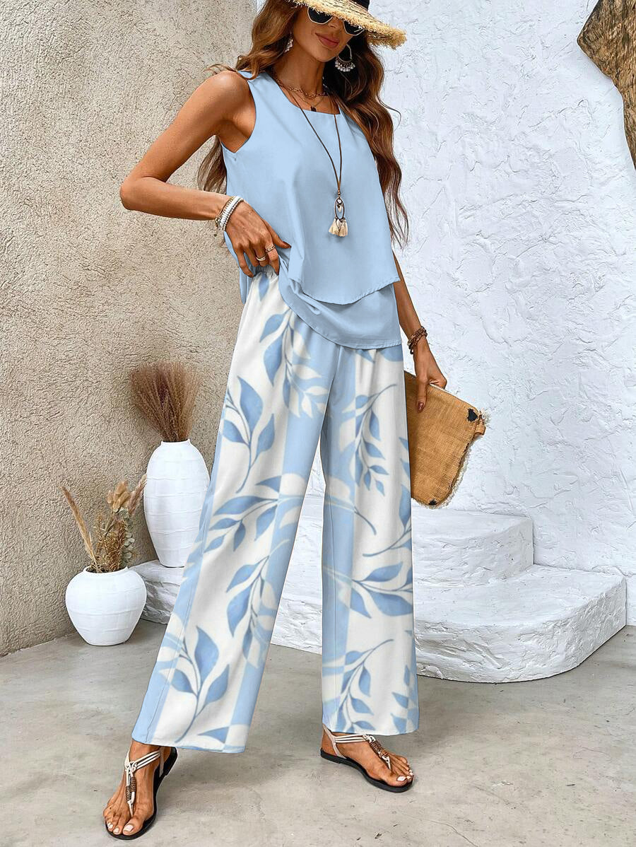 Dames set met ronde hals top en wijde broek met print