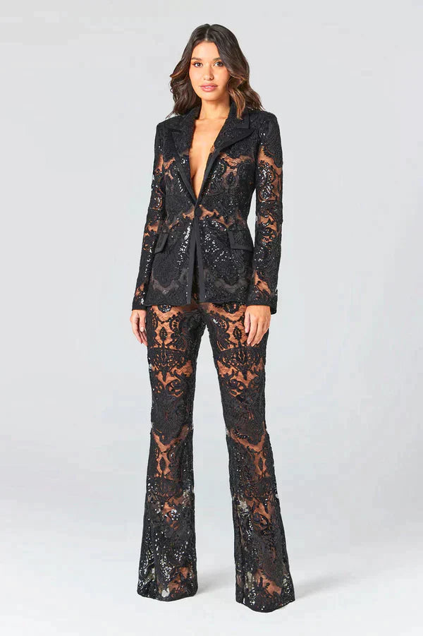 Kanten blazers set hoge taille wide leg broek