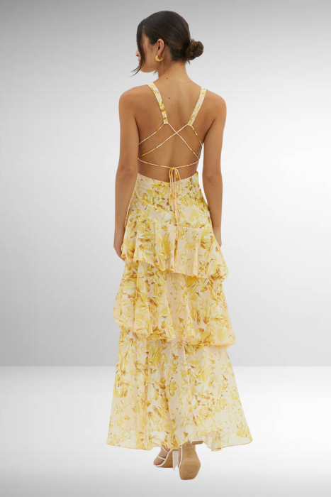 Eileen – maxi-jurk van chiffon met diepe V-hals en speelse lagen