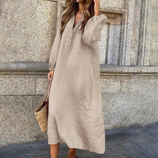 Sofia – Linnen maxi v-hals jurk met elastische taille en losse pasvorm