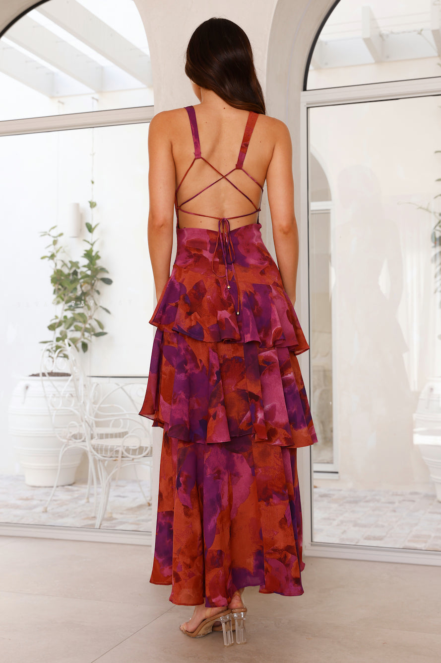 Eileen – maxi-jurk van chiffon met diepe V-hals en speelse lagen