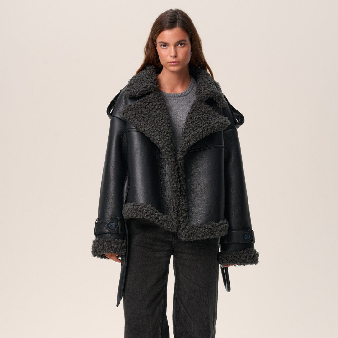 Avalon – Shearling Winterjas Van Faux Leer Met Ceintuur