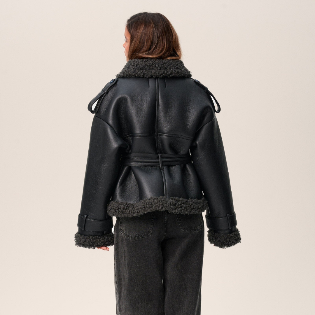 Avalon – Shearling Winterjas Van Faux Leer Met Ceintuur