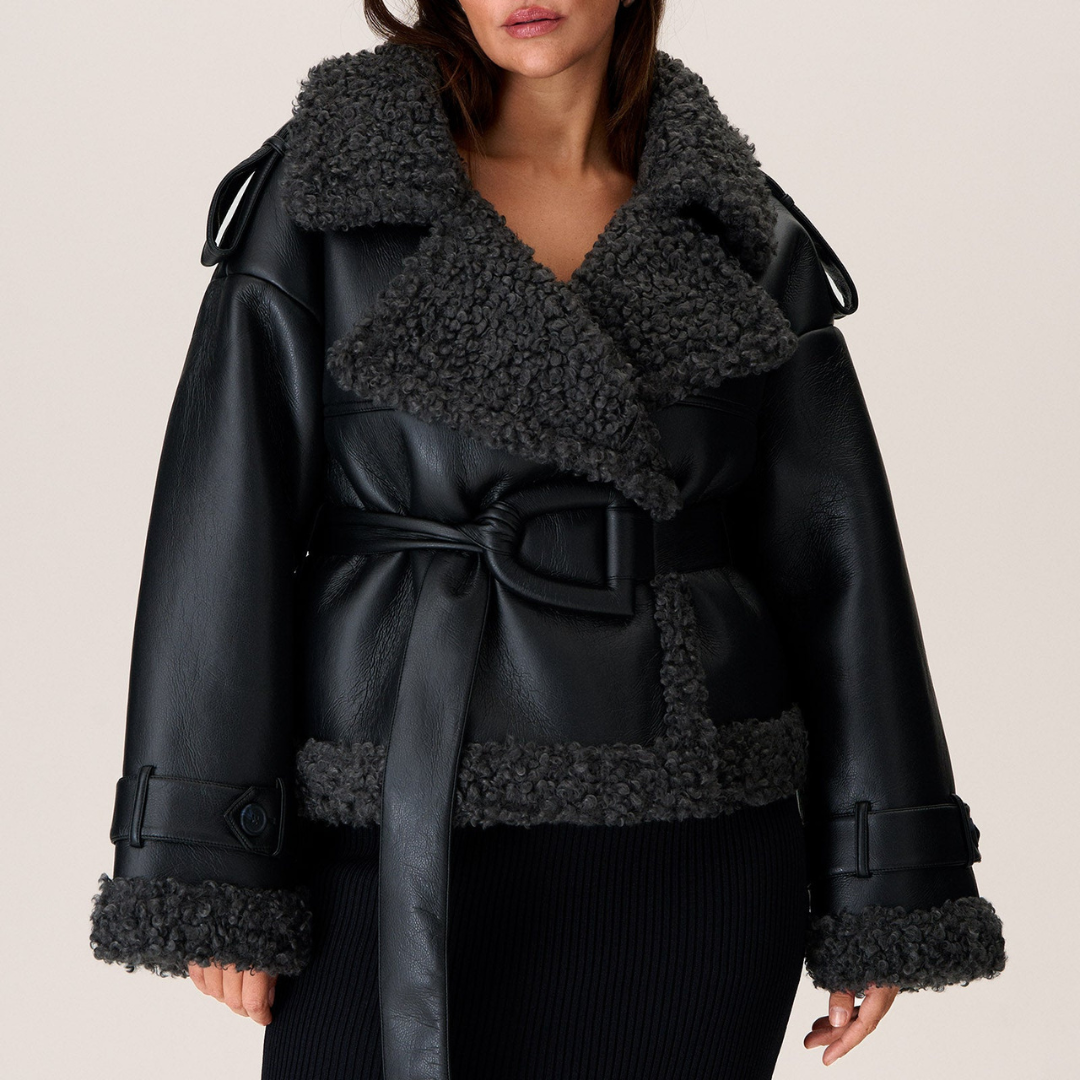 Avalon – Shearling Winterjas Van Faux Leer Met Ceintuur