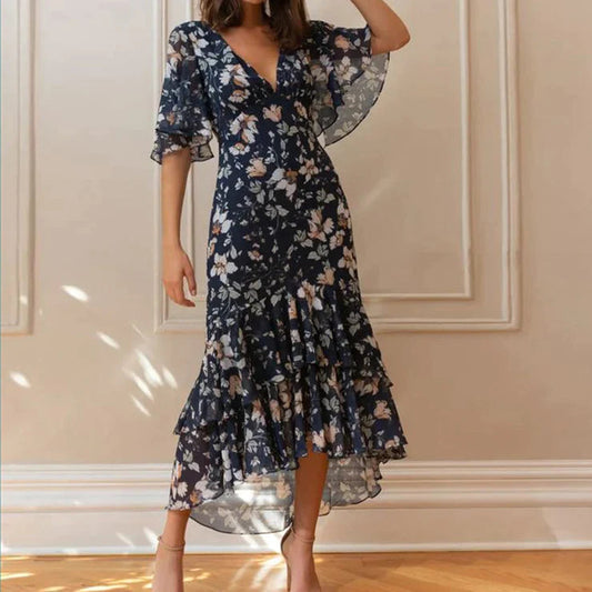 Paulene – chiffon jurk met zachte bloemenprint en geplooide mouwen