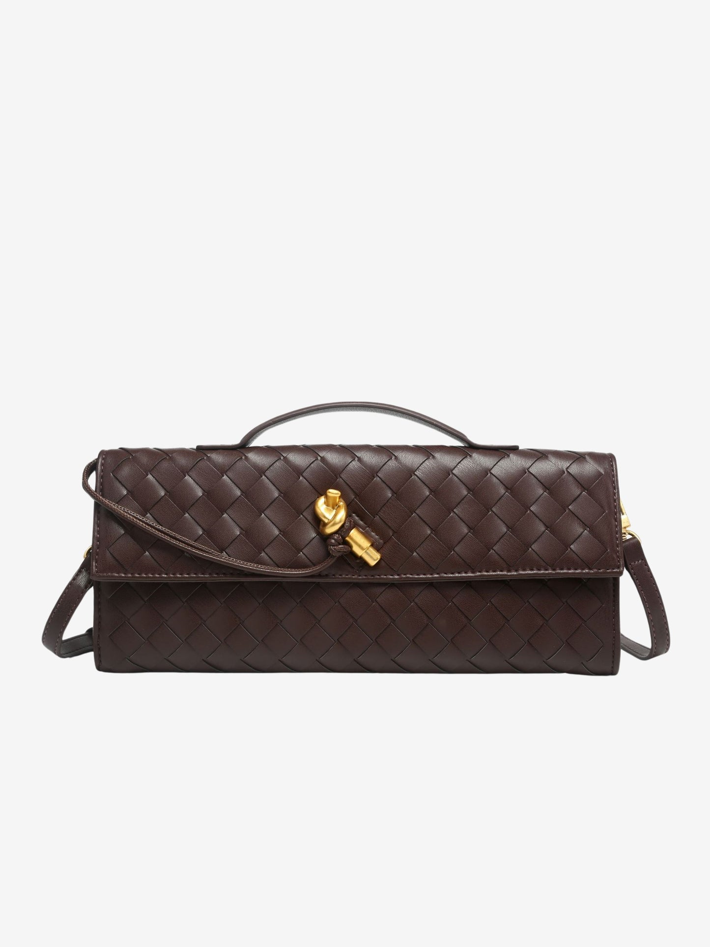 Clémence – Geweven Leren Crossbody Clutch Tas Met Gouden Knoop En Handvat
