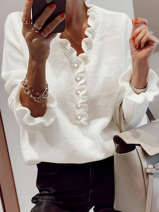 Lena – Gebreide Wollen Blouse Met Ruffle Mouwen