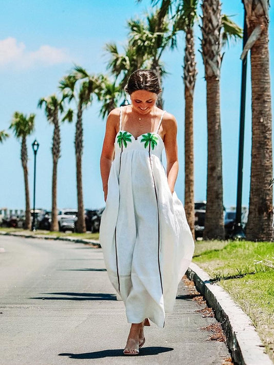 Luna - Luchtige Kantoenen Zomerjurk Met Palmboomdetail