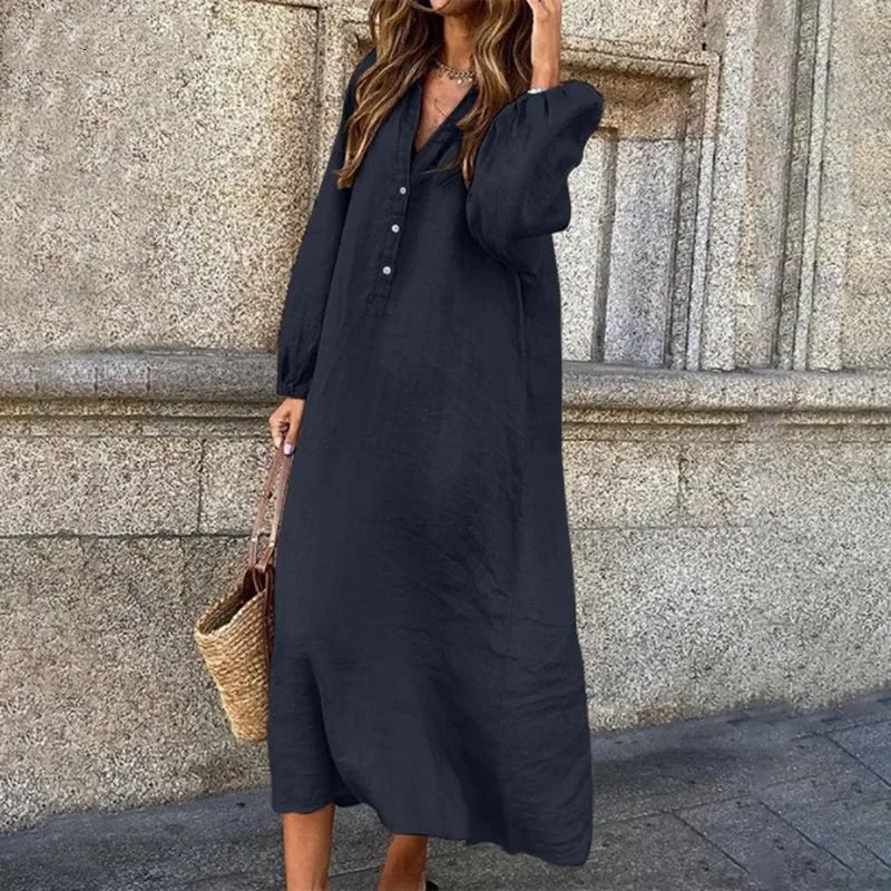 Sofia – Linnen maxi v-hals jurk met elastische taille en losse pasvorm