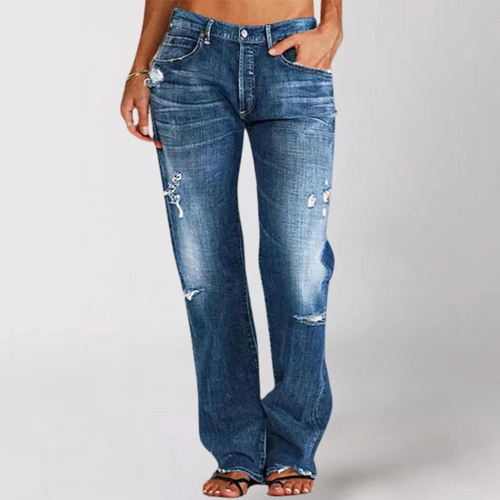 Blauwe dames jeans met rechte pijp en ripped details