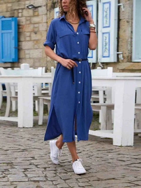 Sage – Midi Overhemd Jurk Van Viscose Met Ronde Hals En Tailleriem