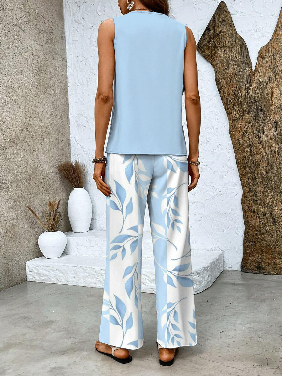 Dames set met ronde hals top en wijde broek met print
