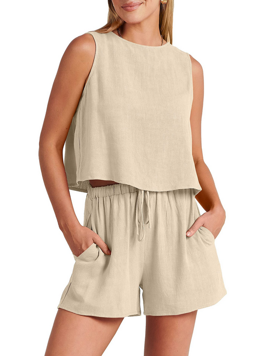 Harper Grace – Zachte beige tweedelige mouwloze zomer set