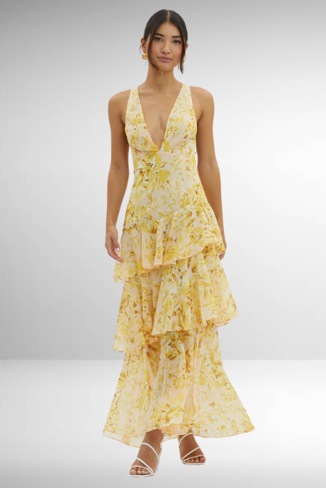 Eileen – maxi-jurk van chiffon met diepe V-hals en speelse lagen