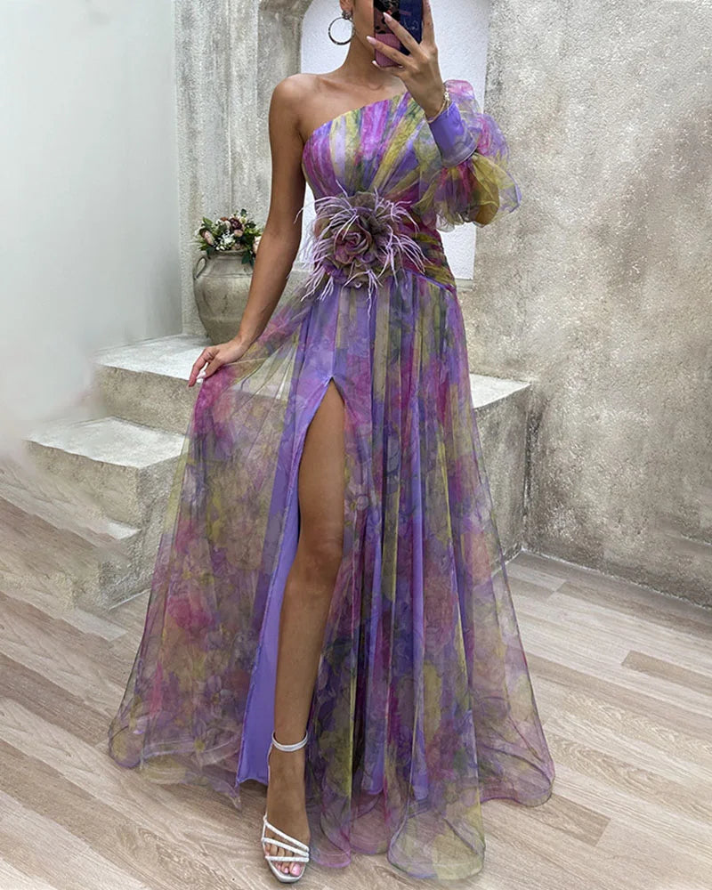 Elena – one-shoulder Maxi jurk met bloemenprint en verfijnde cut-out details