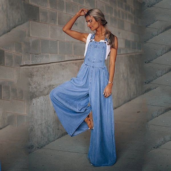 Romy – Denim Zomer Tuinjumpsuit Met Wijde Pijpen
