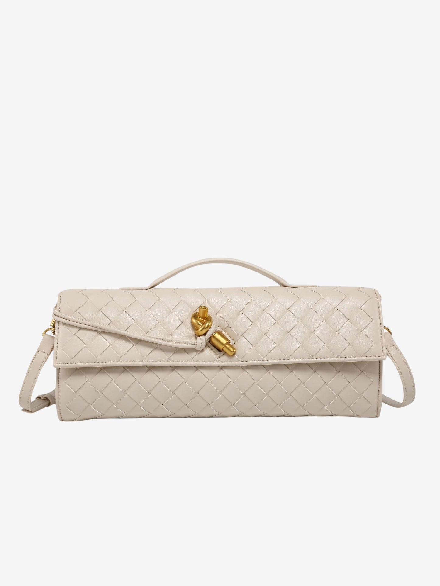 Clémence – Geweven Leren Crossbody Clutch Tas Met Gouden Knoop En Handvat