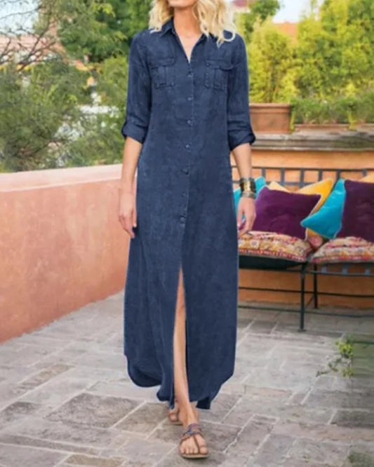 Emma –  Denim Maxi Zomerjurk Met Open Split En Half Lange Mouwen
