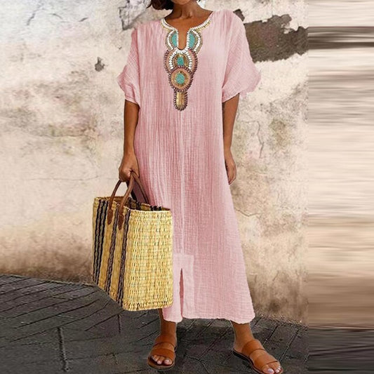Noria – Luchtige Linnen Maxi Jurk Met Boho Print