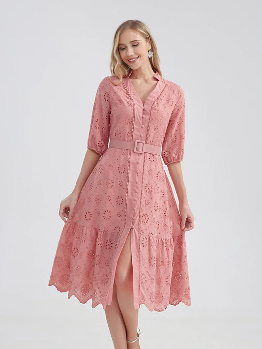 Evi – Zomer Midi Jurk met Kanten details en tailleriem