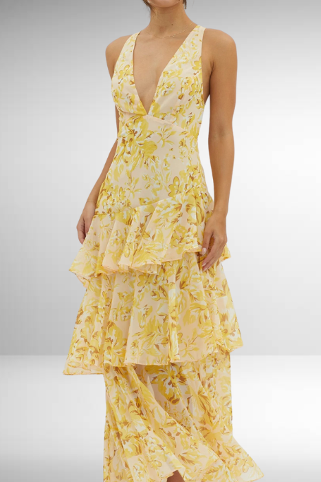 Eileen – maxi-jurk van chiffon met diepe V-hals en speelse lagen