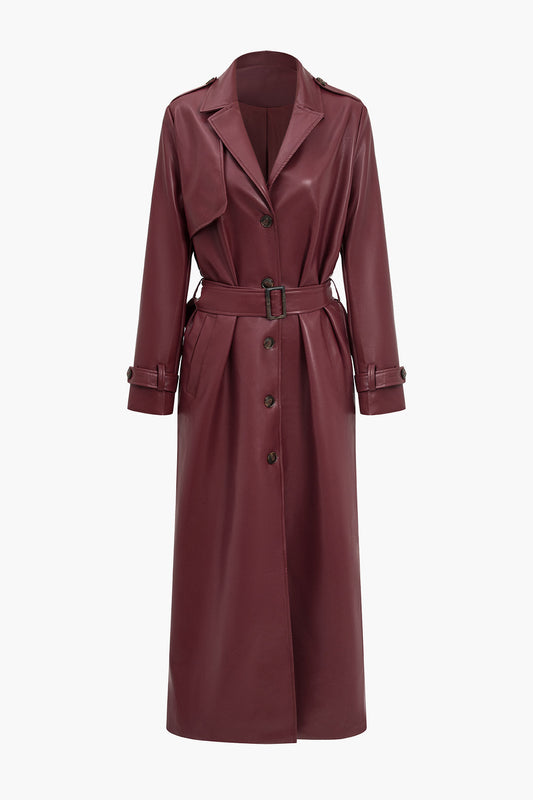 Crimson – Faux Leren Trenchcoat In Bordeaux Met Ceintuur