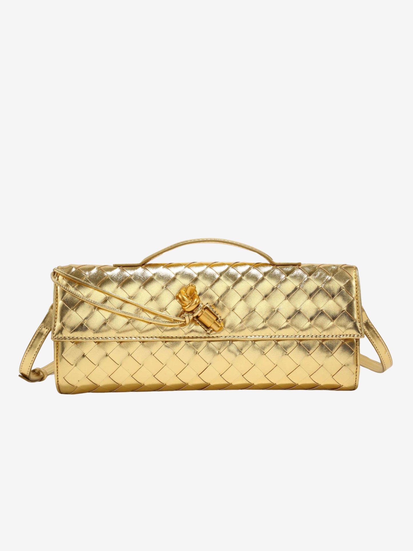 Clémence – Geweven Leren Crossbody Clutch Tas Met Gouden Knoop En Handvat
