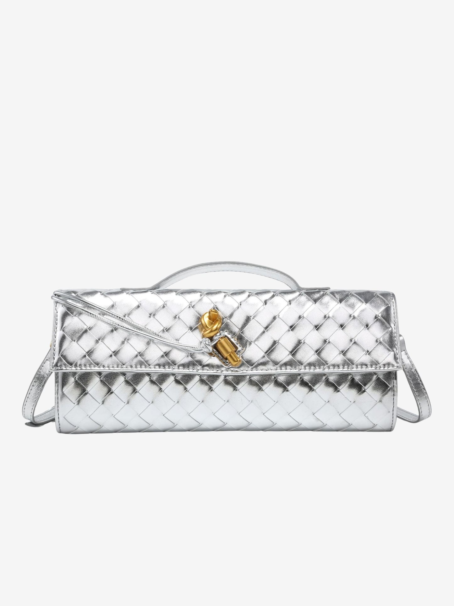 Clémence – Geweven Leren Crossbody Clutch Tas Met Gouden Knoop En Handvat