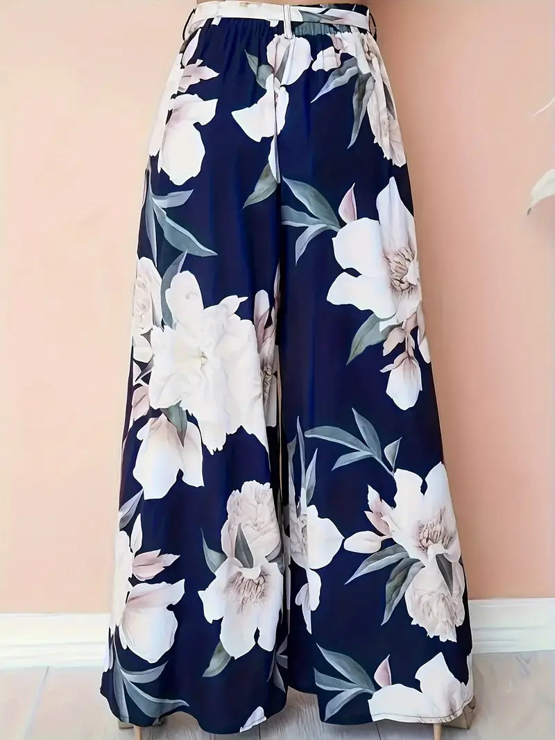 Aisling – Bloemenprint, hoge taille, wijde palazzo-broek met strikceintuur