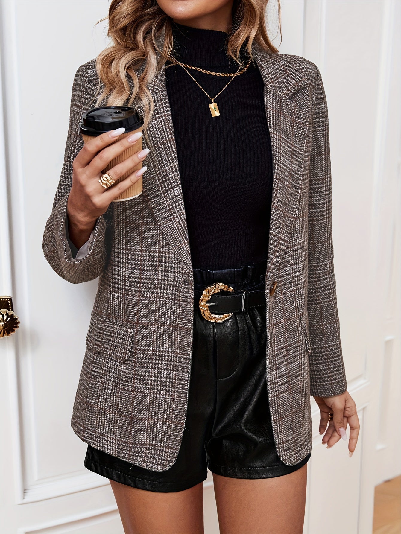 Rachel – lange business blazer met gridpatroon en flatterende snit