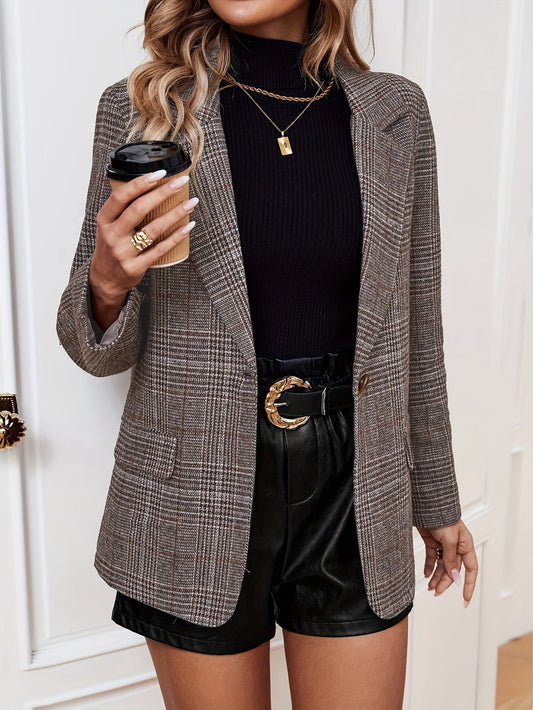 Rachel – lange business blazer met gridpatroon en flatterende snit
