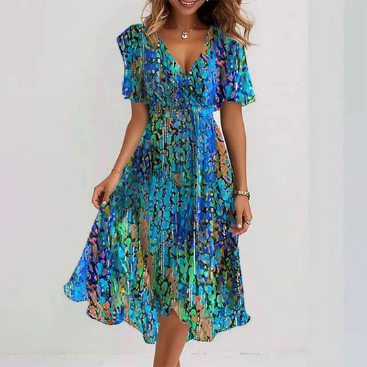 BONDI – Navy midi-jurk met korte mouwen en getailleerde snit