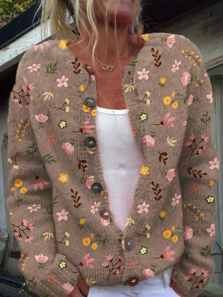 Flora – Gebreide Cardigan Vest Met Bloemenpatroon En Knopen