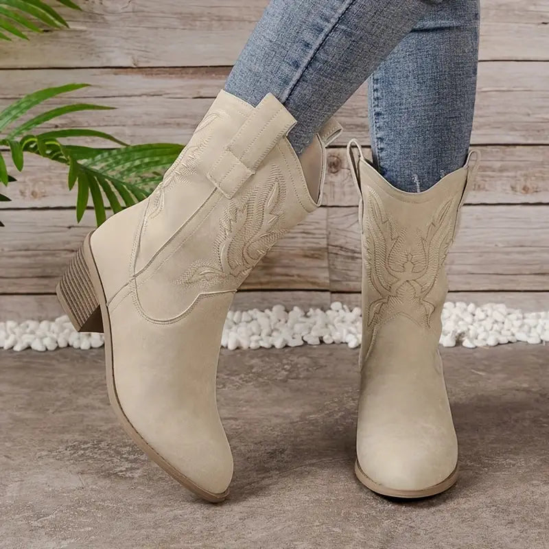 Isabelle – Vegan Leren Cowboylaarzen Met Stiksels En Blockhak