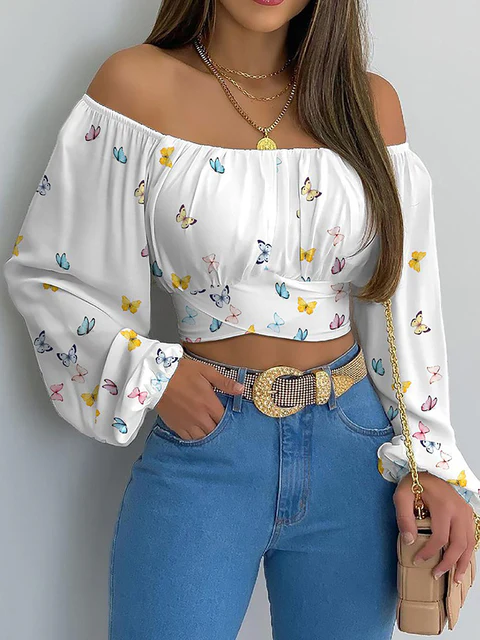 Luna – Off-shoulder crop top met ballonmouwen en geplooide borst