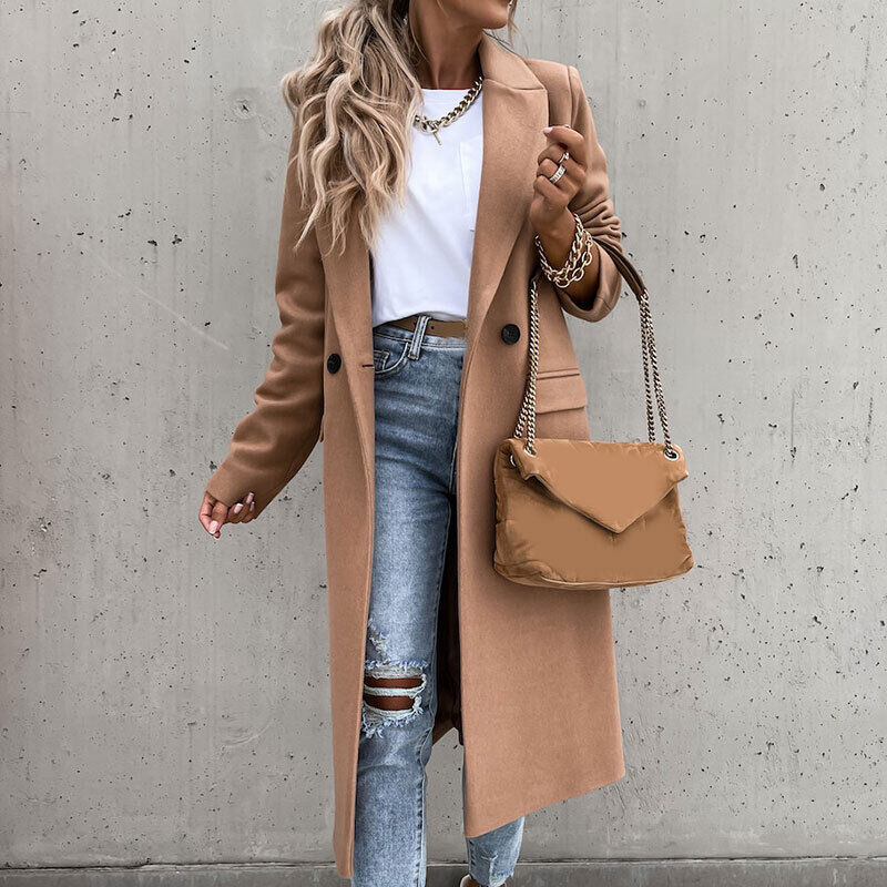 Elena – Lange Wollen Trenchcoat Met Revers En Dubbele Knopen
