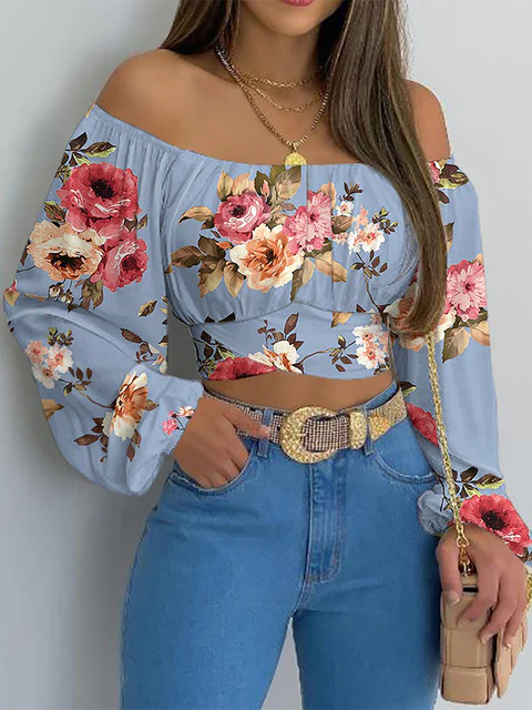 Luna – Off-shoulder crop top met ballonmouwen en geplooide borst